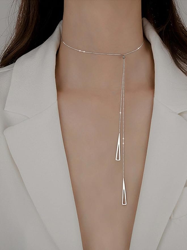 Collier Triangle géométrique en Argent Sterling de Luxe 925 pour Femmes Pendentif Long réglable chaîne de clavicule Collier Bijoux Cadeaux