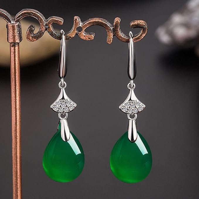 Vintage Naturel Émeraude Jade Calcédoine Femme Boucles d&rsquo;oreilles 925 Argent Goutte d&rsquo;eau Vert Jadéite Pierres Précieuses Bijoux Fins pour Mère Cadeau