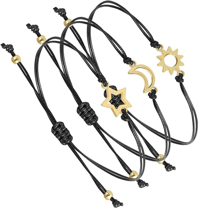 Bracelets d&rsquo;amitié réglables, 3 pièces assortis Bracelet de corde porte-bonheur fait à la main en forme de soleil, de lune et d&rsquo;étoile Bracelets de promesse Pinky pour les couples de meilleurs