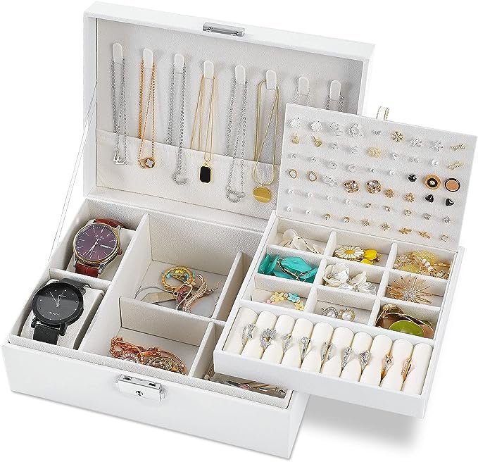 Boite a Bijoux pour Femme,Boite à Bijoux 2 Couches,Rangement Bijoux Verrouillable avec Clef, en Cuir Imperméable, pour Filles Ranger Bagues Colliers Montres (Blanc)