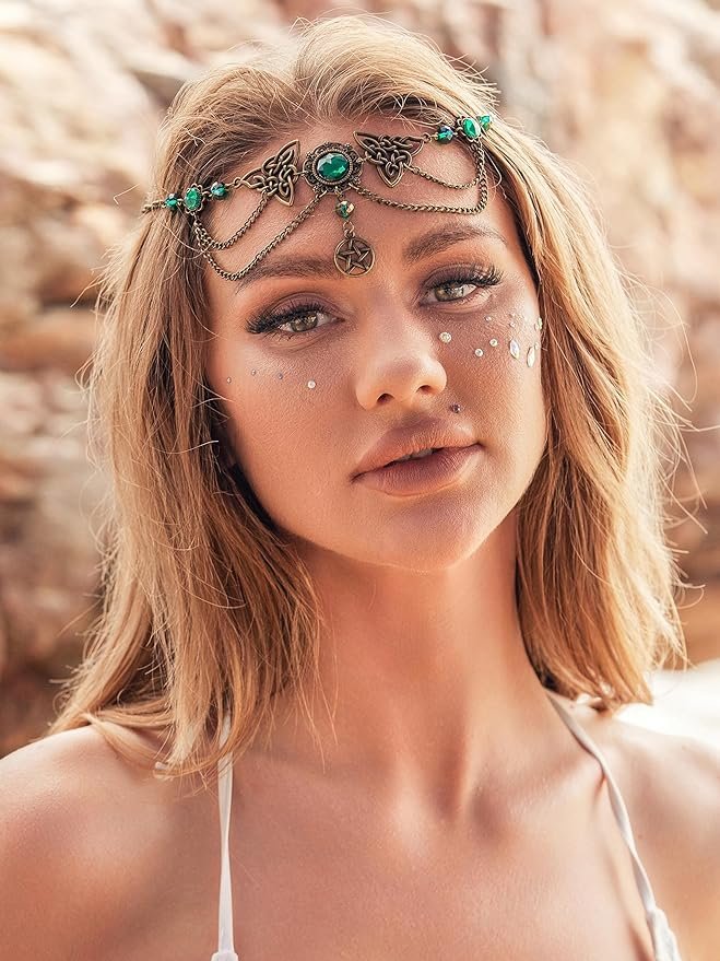 Chaîne de tête bohème avec perles vertes – Accessoire de cheveux vintage pour femme et fille